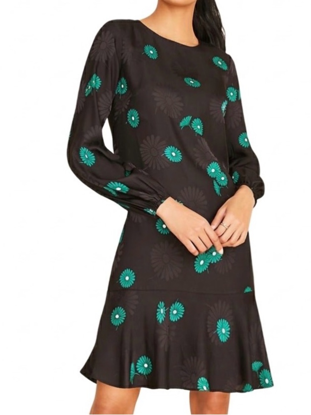 Ann Taylor Green Floral Jacquard Black Flounce Shift Dress with Pockets Size 8